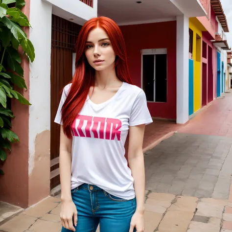 a beautiful woman, ((white skin)), with red hair, Pink flat T-shirt, as much definition as possible, 8k, in the city of Barranquilla Colombia.