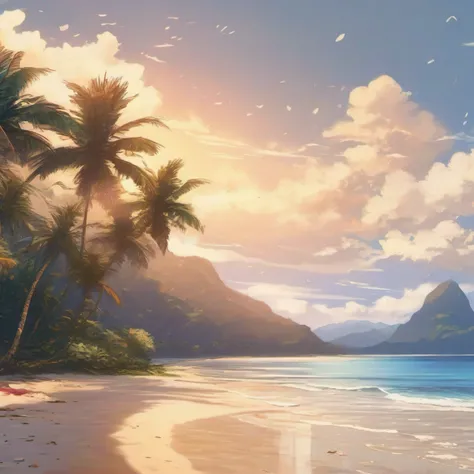 On the sandy beach overgrown with coconut trees, with mountain peaks in the distance, seaside, (super many shells: 1.5), rich in color, high saturation, cinematic lighting, beautiful, vivid, sunny, anime movie stills, Ghibli style, --v 6