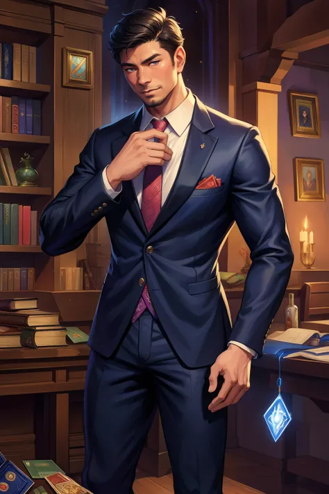 A detailed painting depicting a handsome, mature Asian man in a suit surrounded by a flurry of glowing Magic The Gathering cards and the book Dungeons and Dragons in the center.