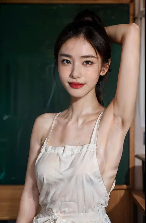 ((armpit pose、Armpit、Show underarms、Sweaty glowing skin、Detailed armpit wrinkles、Girl with an armpit odor、15yo student、In a naked apron、Armpit odor、gazing at viewer、A slight smil))、(A hyper-realistic), (illustratio), (high-detail), (8K), (high-detail), (Th...