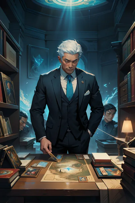 A detailed painting depicting a handsome, mature Asian man in a suit surrounded by a flurry of glowing Magic The Gathering cards and the book Dungeons and Dragons in the center.