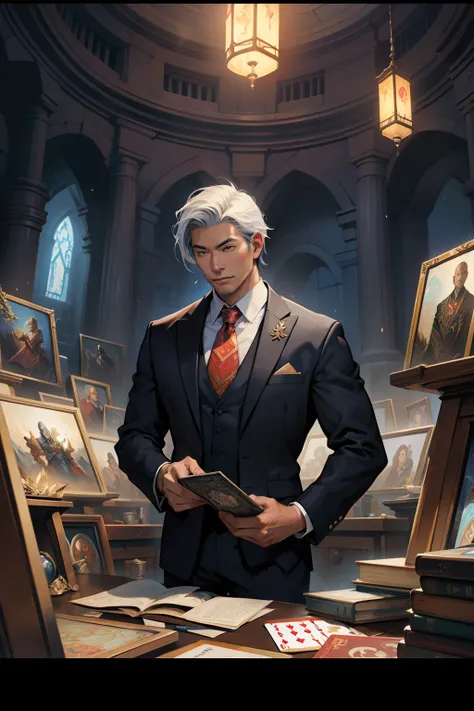 A detailed painting depicting a handsome, mature Asian man in a suit surrounded by a flurry of glowing Magic The Gathering cards and the book Dungeons and Dragons in the center.