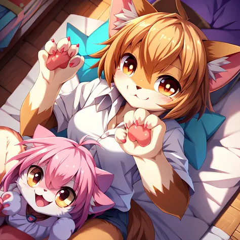 Cute anthro cat, female, cat paws, claws, playful paw pose, excited face, detailed brown fur, in white shirt, close-up, detailed, in cute pink girl room, happiness atmosphere, by makoto shinkai, bright colors, anime style, trending on furaffinity, 4k