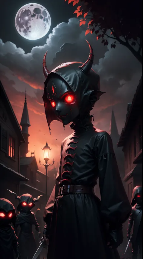 a demonic faceless small_humanoid, with two bladed weapons, scary, horror, night, dark, fall weather, full moon, glowing red eyes, evil, 1600s