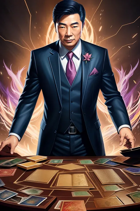 A detailed painting depicting a handsome, mature Asian man in a suit surrounded by a flurry of glowing Magic The Gathering cards and the book Dungeons and Dragons in the center.