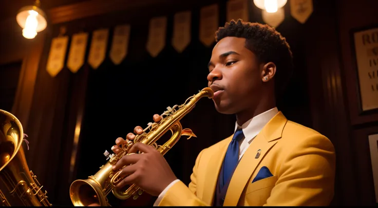 1924, 
United States.
 In a jazz-filled speakeasy in New Orleans, a young African-American saxophonist plays with soulful intensity. His fingers dance across the instrument, embodying the vibrant spirit of the eras music.