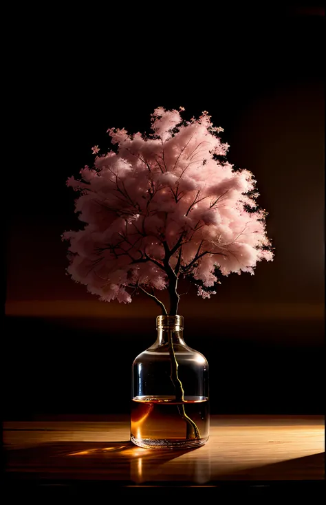 Cherry tree in a bottle, fluffy, realistic, atmospheric light refraction, photographed by lee jeffries, nikon d850 film Stock Photo 4 Kodak portra 400 camera f1.6 lens, rich colors, ultra realistic realistic textures, dramatic lighting, unreal engine trend...