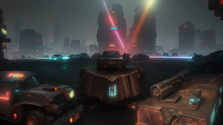 Ancient Battlefield, medium plan, City streets, dim lighting, Very gloomy picture layout, Extended Frames, Cyberpunk background, ((Ultra-realistic asphalt with super detailed textures)), (((Color lasers and spotlights))), (((Japanese-style cyberpunk cars r...