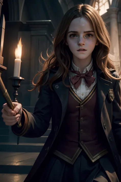 Emma Watson portrays Hermione Granger killing evil witch, dynamic scene