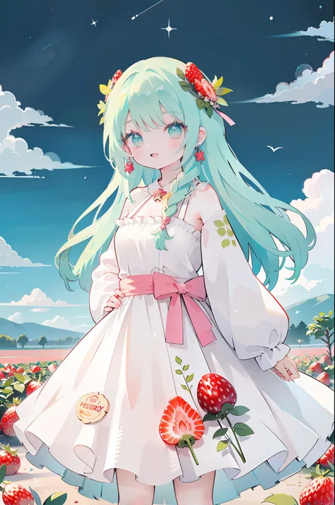 1girl, wearing a (rose print) dress, in a ((strawberry field)), happy and smiling, mythical world with giant fruit  🍓, foamy teal light muted color palette🎨, hands in hips, energetic, fashion dress, fruits, long hair in braids, foam green hair