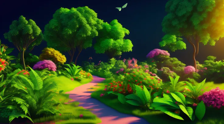 highly detailed 3d render of a dark green forest, front view, with cute plants, colorful flowers and birds, green gradient background.