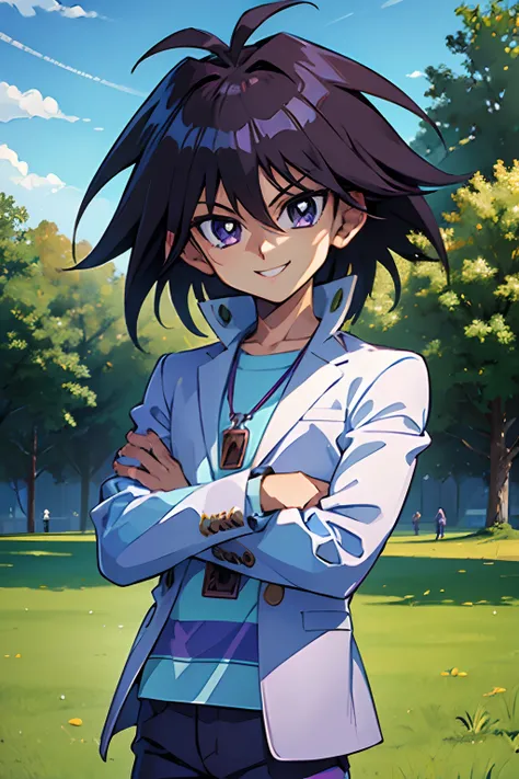 (masterpiece, best quality, ultra-detailed), 1boy, purple hair, looking at viewer, smiling expression, Mokuba Kaiba, park, grass, boy body, standing,