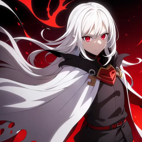 Evil Male, white hair, plain white skin, red chaos energy, red chaos powers, in a destroyed city, evil, red and black evil clothing, cool evil cape