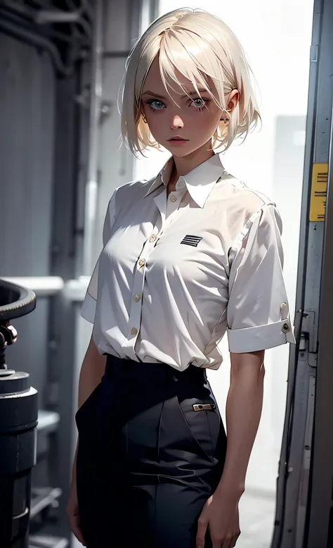 masterpiece, best quality, 1girl, short hair, platinum blonde hair, shirt, trousers