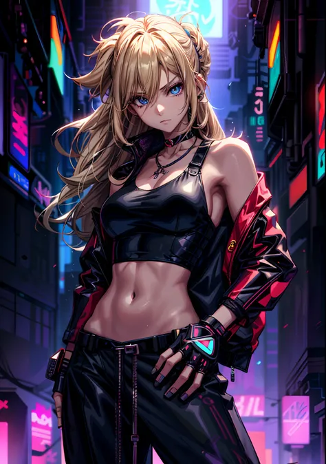 a woman with long blonde hair and a black top is standing in front of a neon light, cyberpunk anime girl, female cyberpunk anime girl, anime cyberpunk art, seductive anime girl, digital cyberpunk anime art, cyberpunk anime art, female anime character, deta...