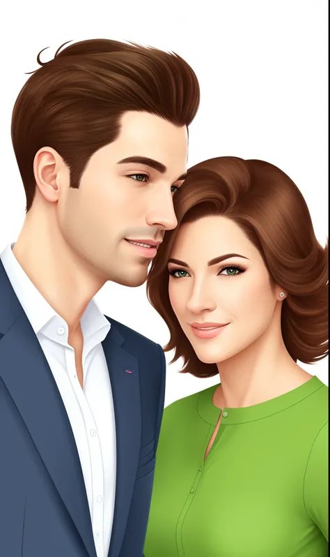 Realistic illustration of couple composed of a man and a woman, dresses in office clothes, ela de cabelos castanhos e olhos castanhos e ele de cabelos loiros e olhos verdes. Both with white skin and French descent.