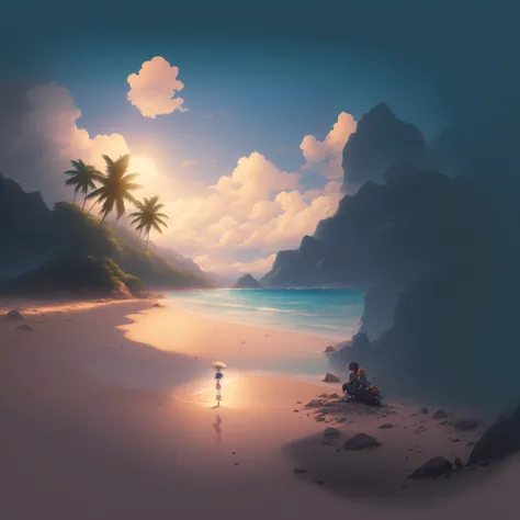 uma praia, inspirado em Cyril Rolando, arte conceitual | RHADS, inspirado no RHADS, magical beach, Tran Ross. scenic background, Pintura digital 4k, Pintura digital 4K, dreamlike digital painting, Makoto Shinkai Cirilo Rolando, Anime Art Wallpaper 8K, Anim...