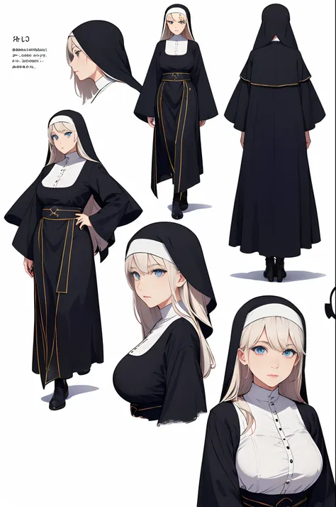 (CharacterSheet:1),1girl, nun, white long hair, blue eyes, big breast, lantern, (multiple views, full body, upper body, reference sheet:1), back view, front view,(white background, simple background:1.2),(dynamic_pose:1.2),(masterpiece:1.2), (best quality,...