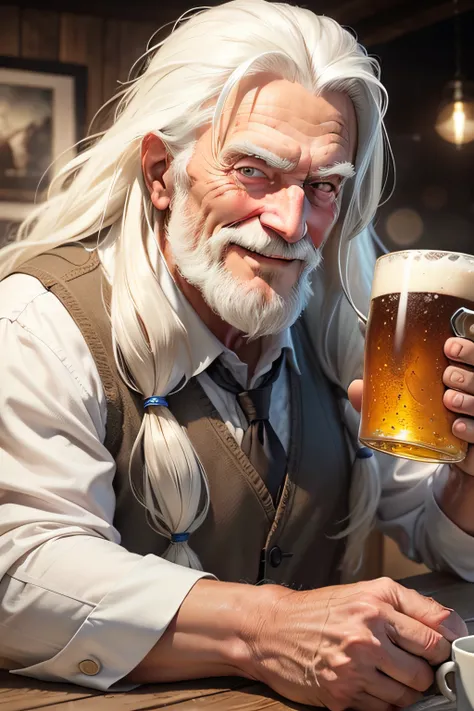 OLD MAN WITH LONG WHITE HAIR, STRONG, WITH A MUG OF BEER IN ONE HAND. HE IS SMILING. HE IS HANDSOME.