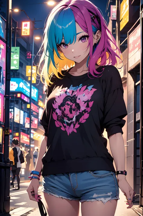 Woman with colorful rainbow color hair、A MILF、Im looking down、Cyberpunk urban night