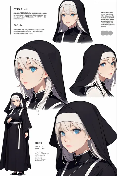 (CharacterSheet:1),1girl, nun, white long hair, blue eyes, big breast, lantern, (multiple views, full body, upper body, reference sheet:1), back view, front view,(white background, simple background:1.2),(dynamic_pose:1.2),(masterpiece:1.2), (best quality,...