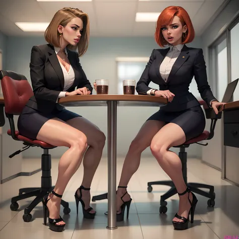 Redhead, Bob haircut, sexy secretary, muscular legs, muscular calves, Strong legs, muscular hips, wide thighs, Curvy hips, A full body shot, high-heeled sandals, tights in a net, Stiletto heels, Womens business suit with a short skirt, large ring earrings,...