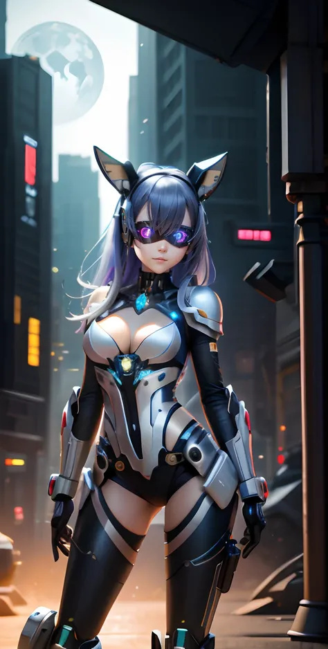 （personification：1.5）, （fully body photo）, Feminine characteristics,（Small of breast:2） cyber punk perssonage, middle, 1 Rabbit Mech（Mechanical rabbit head, Laser eye, Masks, Curvaceous,Wicked smile，Mecha pants）, Mechanical cuirass，white color mecha, neonl...