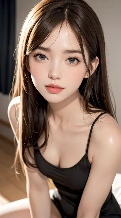 (in 8K, Photorealistic:1.25) ,( small lip luster, Eye lashes, Gloss Face, Glossy glossy skin, best qualtiy, 超A high resolution, depth of fields, color difference, Caustics, Wide light, Natural Shadow, ) ,slender,brown haired, Blunt bangs, hair behind ear, ...