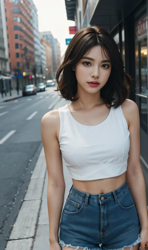 ((Realistic lighting, Best quality, 8K, Masterpiece: 1.3)), Clear focus: 1.8, 1 Pretty girl, Perfect beauty: 1.4, Slim abs: 1.1, ((Dark brown hair)), (White crop top: 1.9), short skirt, full body, (Outdoor, Night: 1.1), Park view, Super fine face, Fine eye...