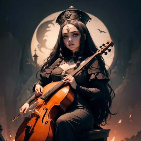 Wandinha of the Addams family playing cello on top of the roof, olhar maligno, franja, roupa preta fechada, noite enluarada, sinistro, ultra detalhado.