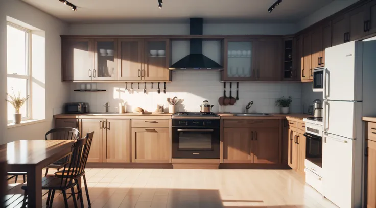 Simple kitchen with several shelves to place plates and glasses,octane render 3D