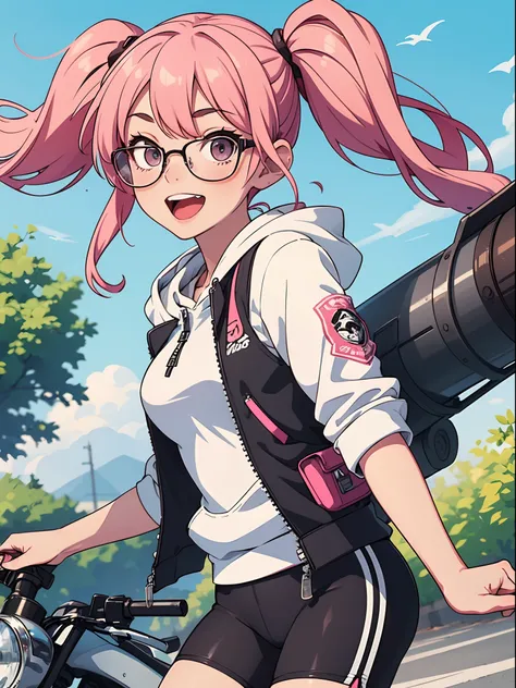 1girl, solo, hoodie, biker shorts, assault vest, bazooka, open mouth, wacky face, smile, pink hair, twintails, glasses