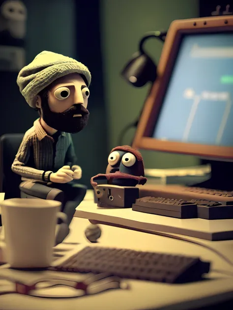 STOP-MOTION ANIMATION style A person sitting at their desk, staring at their computer screen with a look of disappointment, dark brown beard, wearing a beanie hat, wearing a checked shirt, stop motion style character, pixar style character