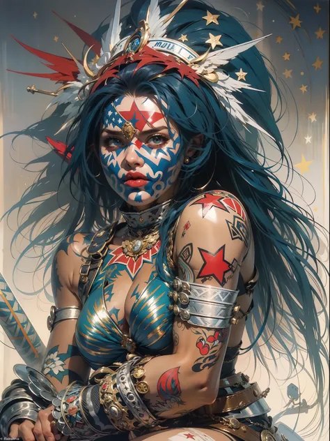 (((mulher))), (((melhor qualidade))), (((obra prima))), (((adulto))), Uma guerreira mulher de 35 anos com corpo perfeito, Gladiadores do Brooklyn, (( sob os peitos )), quase nua no estilo selvagem urbano de Simon Bisley para a capa da revista Heavy Metal, ...