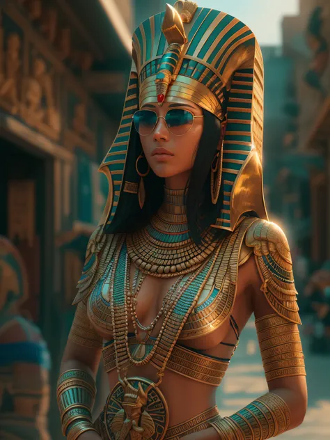 A very realistic and very detailed picture of a beautiful Egyptian Pharaonic woman wearing sunglasses in the city of the future pharaoh , full-body, The costume inscribed with the paintings of the pharaonic shield, long  hair, Hand and body tattoos, Fashio...