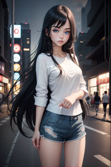 1girl, long black hair, blue eyes, wearing plain white shirt, denim shorts, city, absurdres, high res, ultrasharp, 8K, masterpiece, looking at viewer, modern city, night city japan