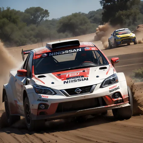 "Nissan Rally configuration, Intense action, adrenalinefilled, Mud splashes, High-speed stimulation, Rally cars fly in the dirt, Powerful engine roar, Precise operation, Dynamic angles, dust cloud, Sharp, A race against time."