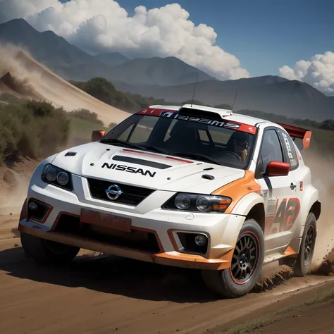 "Nissan Rally configuration, Intense action, adrenalinefilled, Mud splashes, High-speed stimulation, Rally cars fly in the dirt, Powerful engine roar, Precise operation, Dynamic angles, dust cloud, Sharp, A race against time."