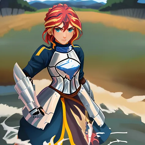 girl in armor on the battlefield. with the sun banner.