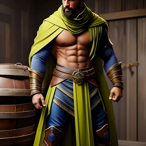 Loiro, roupa azul, luvas amarelas, botas verdes, Large scarf wrapped around the waist, a pointed golden ring on each arm, barriga tanquinho mostrando, masculino 2D para rpg