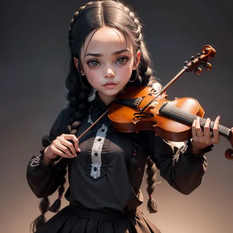 Wandinha style girl from the Addams Family, fringe and two braids, roupa preta colegial, tocando violoncelo