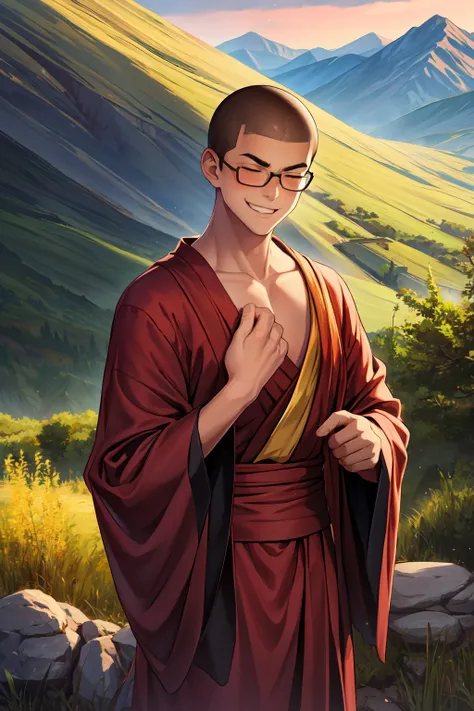 portrait of asian buddhist monk wearing dark red robes and glasses, calm mountain landscape, buzz cut, bald, very short hair, dark skin, friendly smile, 1boy, male focus, anime boy, anime style, thick eyebrows, eyes closed, young man