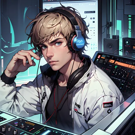 masterpiece, high quality, super detailed, beautiful detailed face. 1man, handsome man, dj, headphone, synthesizer