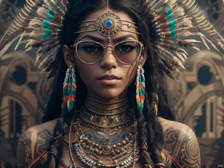 A very realistic and very detailed portrait of a beautiful Native American woman wearing sunglasses in the future New York City , ((full-body:1.2)) , ((Zendaya is a Native American woman)) , Aboriginal dress  , long  hair, Hand and body tattoos, Fashion po...