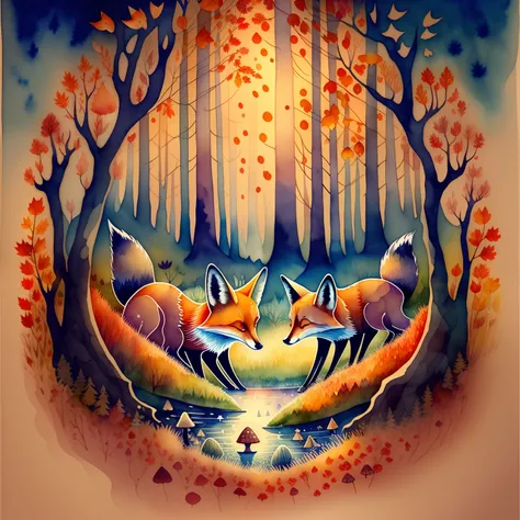 In the foreground is a fox, holds the mushroom in its paw, Very kind and dreamy, Ao fundo (( At night, nightfall)), ((Autumn forest and fog)), which rises above the river, watercolor illustration, Tadeusz Brzozowski, whimsical art, Funny works of art