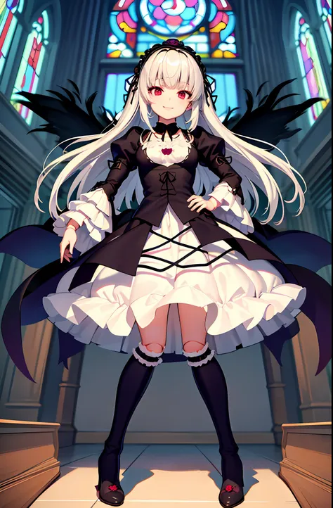 (masterpiece, best quality, detailed, highres), 1girl, solo, indoors, church, stained glass, window, sunlight, hand on hip, evil smile, from below, looking at viewer, suigintou, XXXXXX fashion, XXXXXX hairband, black dress, frills, black wings, knee boots,...