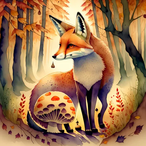 In the foreground is a fox, holds the mushroom in its paw, Very kind and dreamy, Ao fundo (( At night, nightfall)), ((Autumn forest and fog)), which rises above the river, watercolor illustration, Tadeusz Brzozowski, whimsical art, Funny works of art