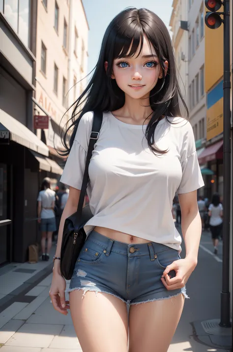 1girl angel, black hair, blue eyes, smiling, wearing plain white shirt, denim shorts, city, absurdres, high res, ultrasharp, 8K, masterpiece, looking at viewer, future city