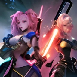 a woman with pink hair holding a gun and a light saber, wild rift, league of legends character, zenra taliyah, orianna, vi from arcane, kda, league of legends character art, lux, from league of legends, lux from league of legends, annie from league of lege...