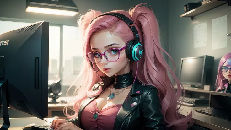 Girl with glasses, headset e roupa rosa mexendo no computador. Estilo Monster High